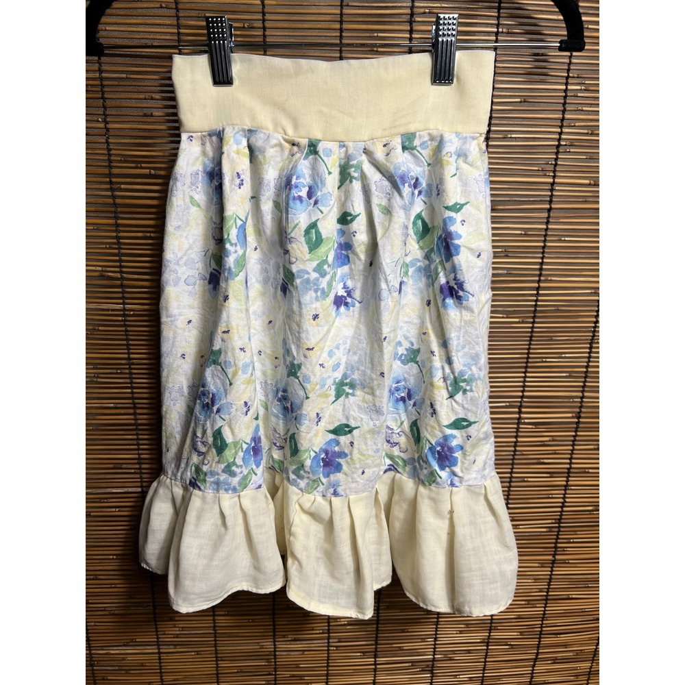 Unbranded XS Floral Ruffle Hem Skirt Cream Blue Bow Detail Cotton Blend
